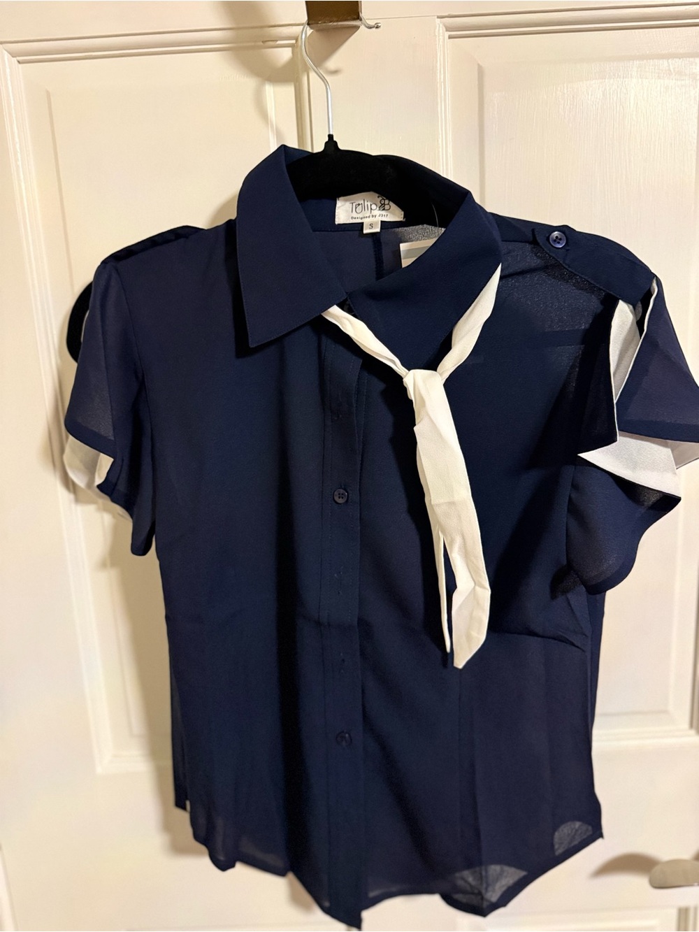 Tulip B-Navy Sheer‎ Button-Up Blouse with White Tie Detail